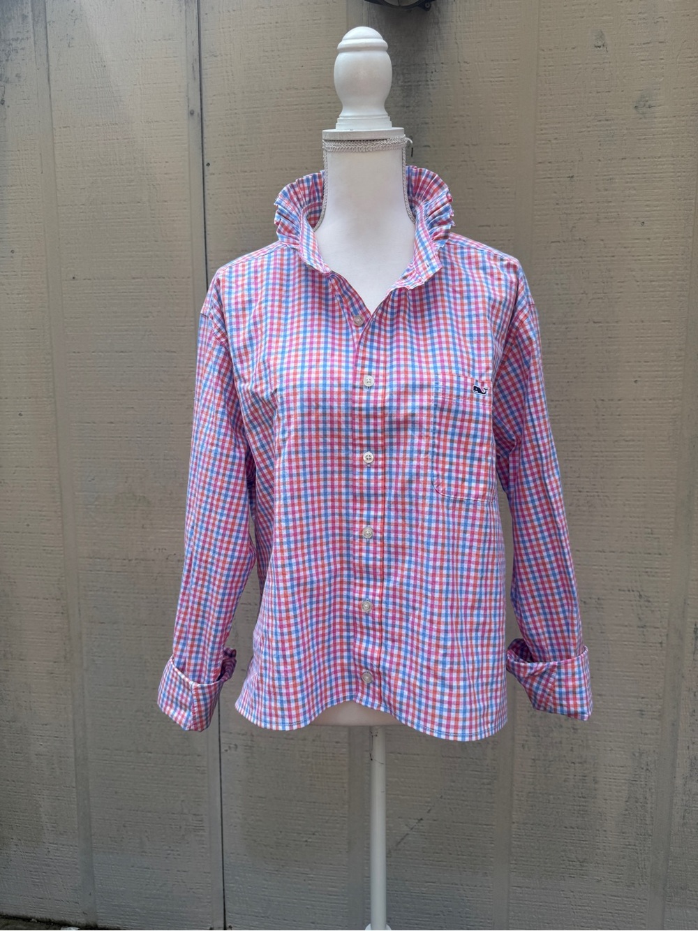 Vineyard Vines Refashioned Pink Blue Gingham Ruffle Collar Cropped Button-Down